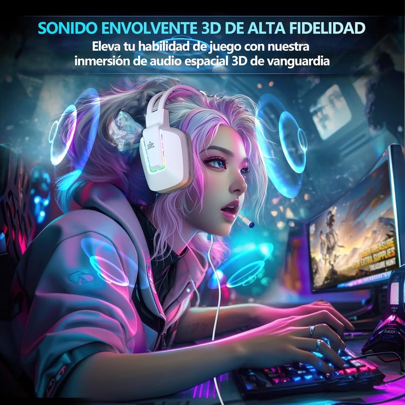 OMIRE PC Gaming Headset,USB Wired Headphones with 7.1Surround Sound,RGB Light,50MM Drivers,3D Spatial Audio with Mic Noise Cancelling For PC,PS4, PS5,Laptop,(Not compatible with Xbox)-RB-C8 PRO-White - Image 4