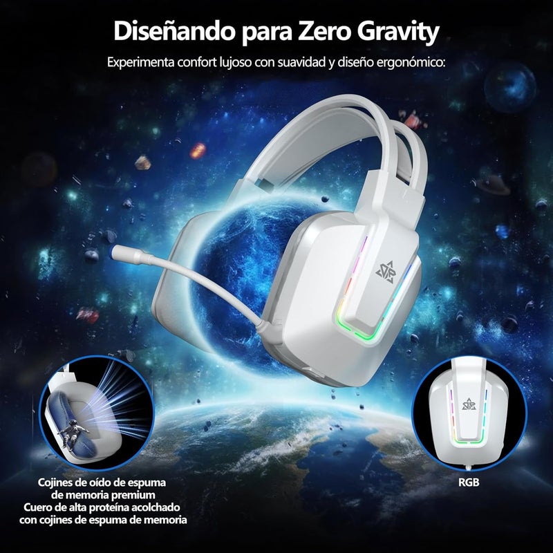 OMIRE PC Gaming Headset,USB Wired Headphones with 7.1Surround Sound,RGB Light,50MM Drivers,3D Spatial Audio with Mic Noise Cancelling For PC,PS4, PS5,Laptop,(Not compatible with Xbox)-RB-C8 PRO-White - Image 5