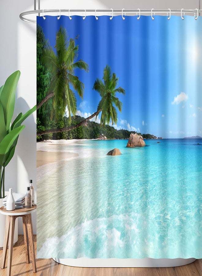 BIYSUC ستارة حمام BIYSUC بتصميم شاطئ المحيط، سماء زرقاء، شمس استوائية، رمال، أمواج بحر، أشجار نخيل، منظر ساحلي خلاب، مصنوعة من قماش بوليستر مقاوم للماء، ديكور حمام، مقاس 72 × 72 بوصة، مع 12 خطافًا بلاستيكيًا. - Image 4