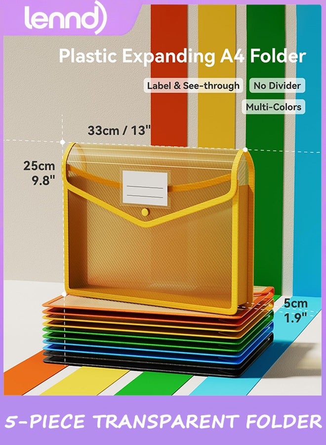 LENND Plastic Expanding File Folder, Transparent envelopes with Snap Closure, No Dividers, Large Capacity, Assorted Colors- 5 Packs - Image 2