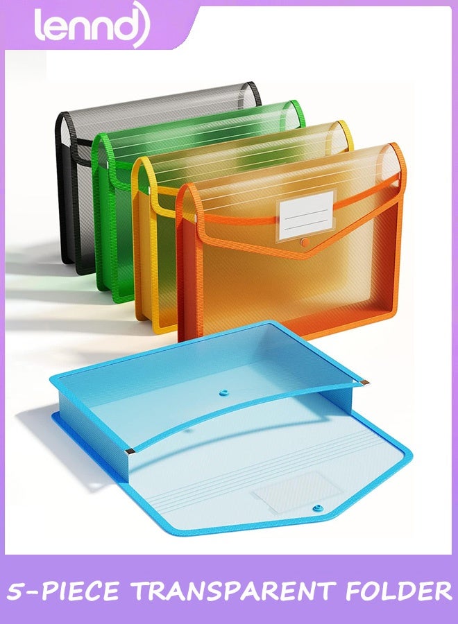 LENND Plastic Expanding File Folder, Transparent envelopes with Snap Closure, No Dividers, Large Capacity, Assorted Colors- 5 Packs - Image 1