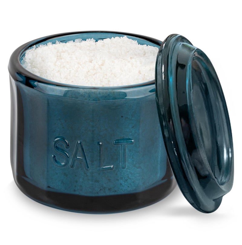 KooK Glass Salt Cellar, with Lid, Embossed Pressed Glass, Clear Storage Container, for Coffee, Sugar, Spices and Candies, Hand Wash Only, 10 oz, (Navy Blue) - Image 1