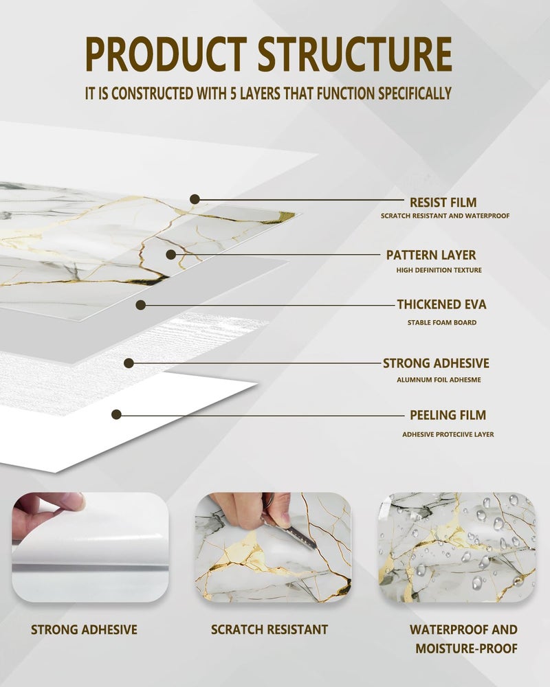 BESTWOO 10 Sheets Marble Peel and Stick Backsplash Tile, 12"x12" Waterproof PVC Self Adhesive Tile Shower Wall Panels for Bathroom, Kitchen, Living Room (Gold White) - Image 4