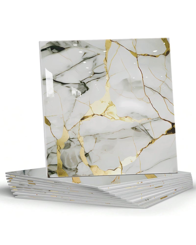 BESTWOO 10 Sheets Marble Peel and Stick Backsplash Tile, 12"x12" Waterproof PVC Self Adhesive Tile Shower Wall Panels for Bathroom, Kitchen, Living Room (Gold White) - Image 1