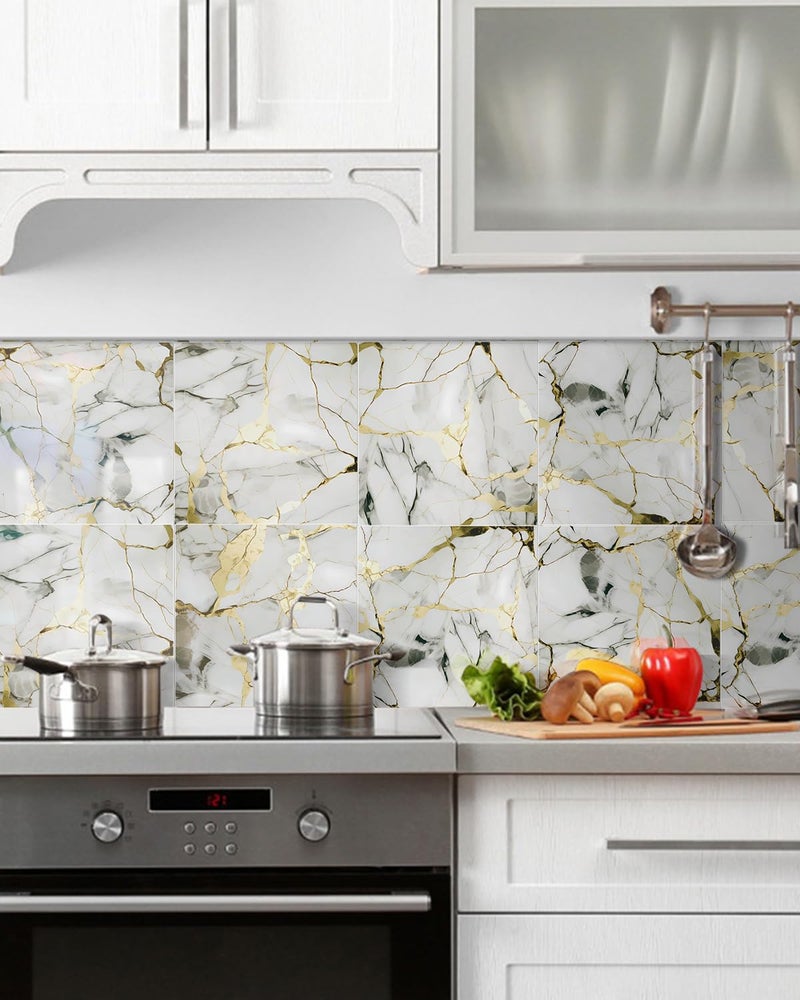BESTWOO 10 Sheets Marble Peel and Stick Backsplash Tile, 12"x12" Waterproof PVC Self Adhesive Tile Shower Wall Panels for Bathroom, Kitchen, Living Room (Gold White) - Image 2
