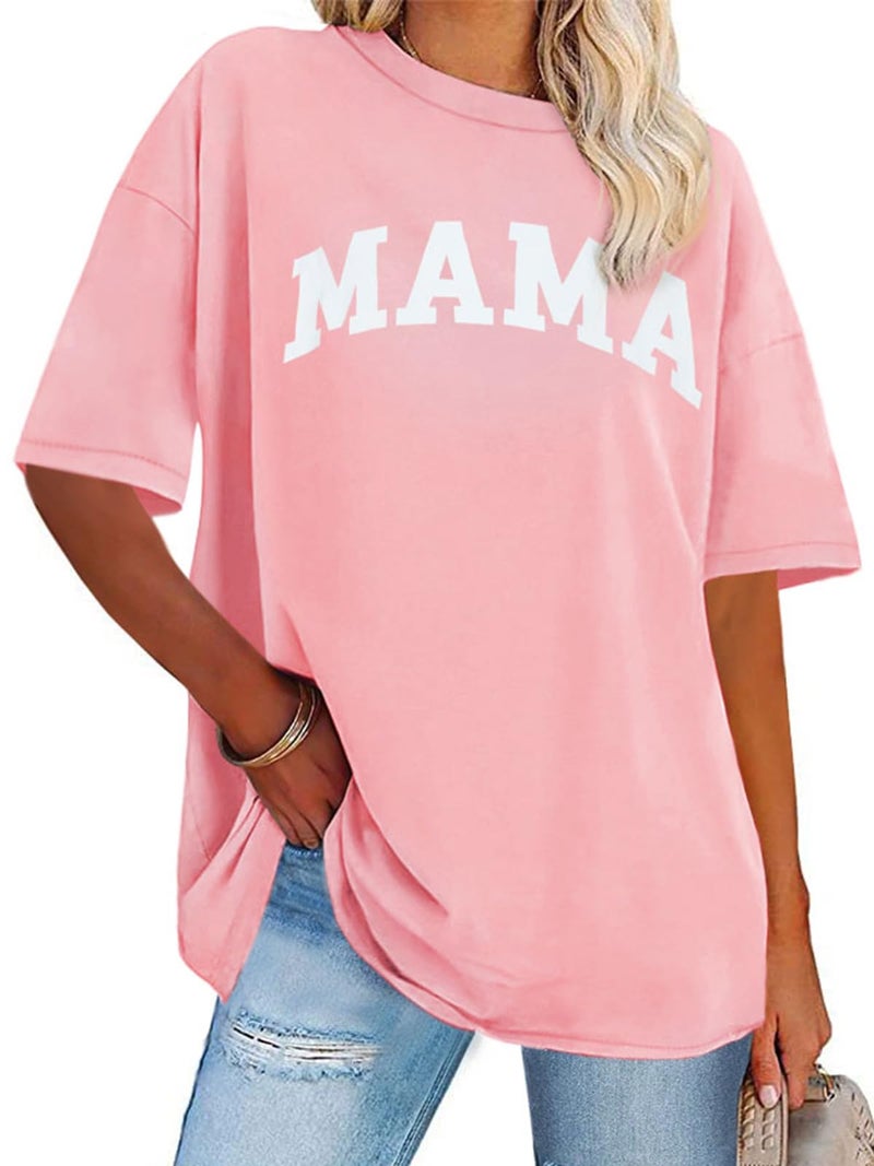 rosemia Womens Oversized Tshirt Graphic Tees Crew Neck Summer Short Sleeve Loose Fit Tops, Pink Letters, L - Image 1