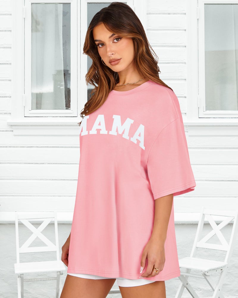 rosemia Womens Oversized Tshirt Graphic Tees Crew Neck Summer Short Sleeve Loose Fit Tops, Pink Letters, L - Image 4