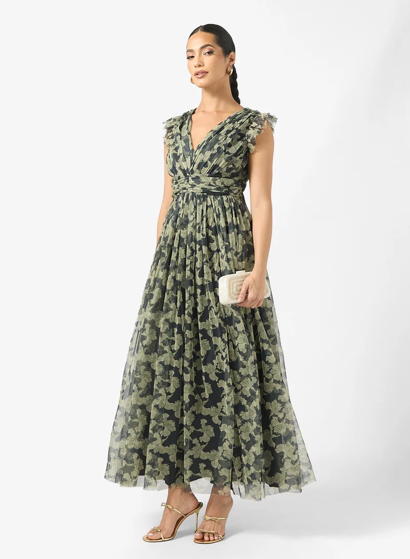 Anaya With Love Side slit Detail V Neck Flutter Sleeve Maxi Dress