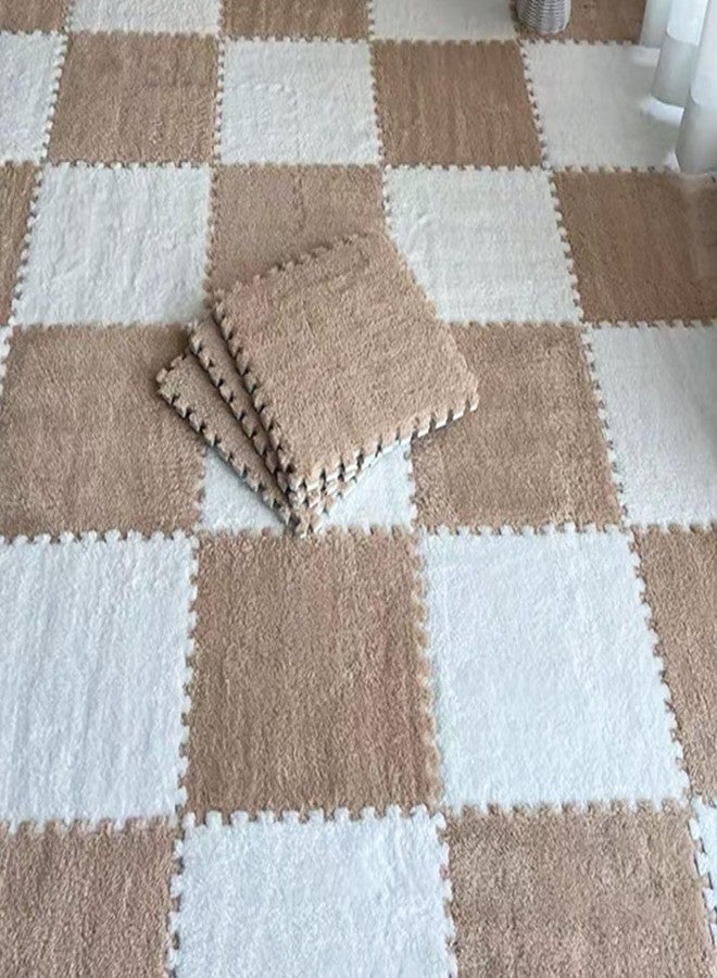 Typutomi 10pcs Plush Puzzle Foam Floor Mat, Soft Fluffy Interlocking Square Foam Tiles Area Rugs Carpet for Parlor Bedroom Decoration(11.8x11.8in, White & Apricot) - Image 1