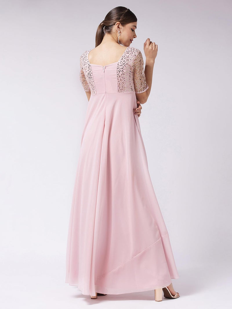 Miss Chase Women's Dusty Pink Square Neck Half Sleeve Solid Embellished Maxi Dress (MCAW21D06-41-122-05, Dusty Pink, L) - Image 4