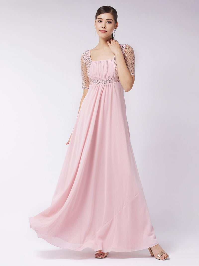 Miss Chase Women's Dusty Pink Square Neck Half Sleeve Solid Embellished Maxi Dress (MCAW21D06-41-122-05, Dusty Pink, L) - Image 2