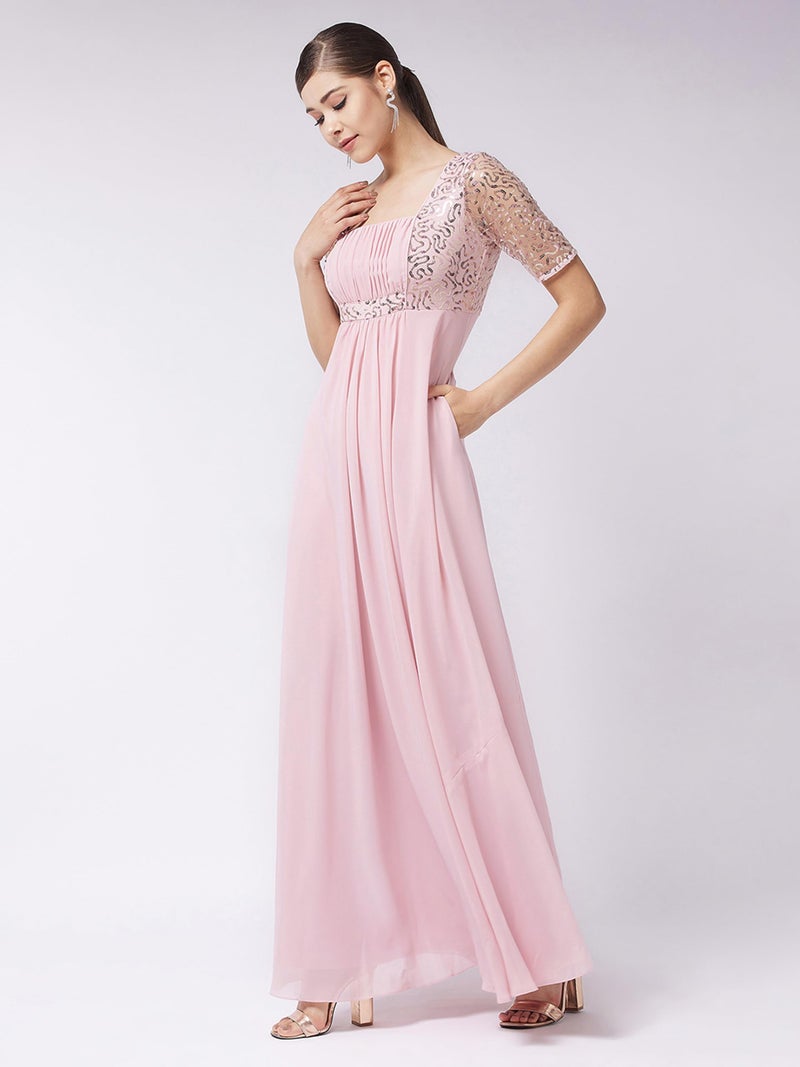 Miss Chase Women's Dusty Pink Square Neck Half Sleeve Solid Embellished Maxi Dress (MCAW21D06-41-122-05, Dusty Pink, L) - Image 3