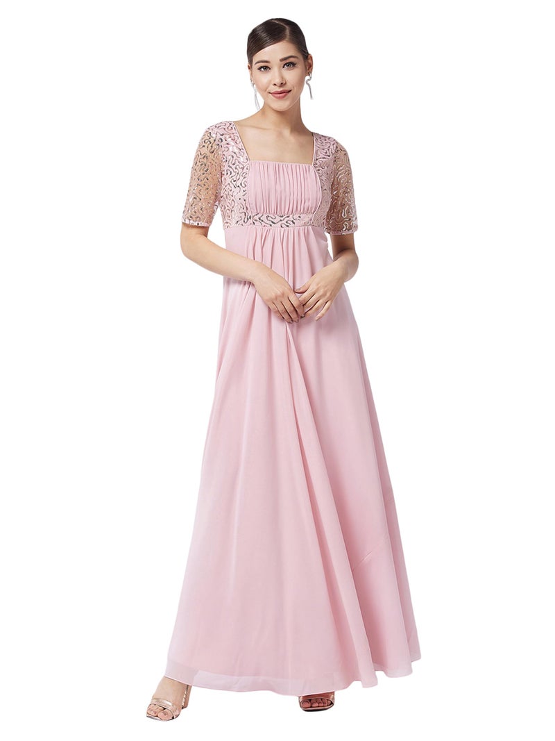 Miss Chase Women's Dusty Pink Square Neck Half Sleeve Solid Embellished Maxi Dress (MCAW21D06-41-122-05, Dusty Pink, L) - Image 1
