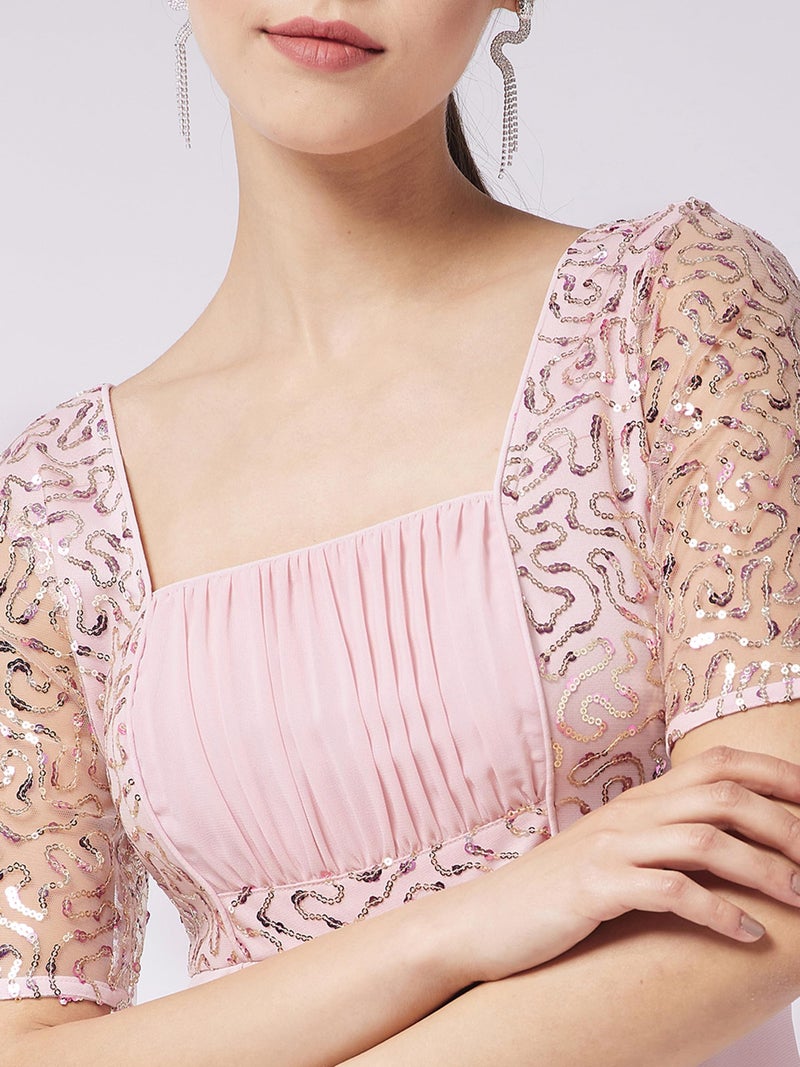 Miss Chase Women's Dusty Pink Square Neck Half Sleeve Solid Embellished Maxi Dress (MCAW21D06-41-122-05, Dusty Pink, L) - Image 5