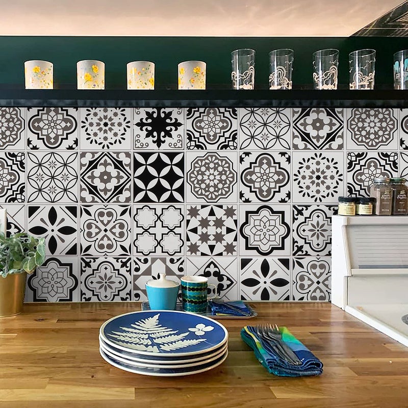 Timeet Thicken Glossy Backsplash Kitchen Contact Paper Tile Wallpaper Removable Self Adhesive Black White Peel and Stick Wallpaper for Bathroom Laundry Room 17.7"x78.7" Vinyl Film - Image 1