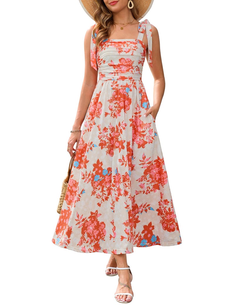 Zattcas Long Summer Dresses for Women 2026 Trendy Floral Sundress Casual Spaghetti Strap Sleeveless Flower Easter Resort Wear Beach Boho Maternity Dress with Pockets Tangerine L - Image 1