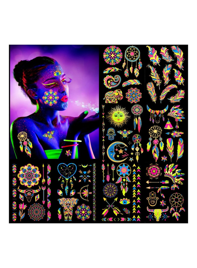 8 Assorted Large Glow in the Dark Metallic Gold Temporary Tattoos - UV Neon Peacock Feather & Mandala Flower Designs, Waterproof Body Art Stickers for Women, Men, and Girls. - Image 1