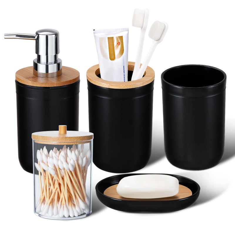 iMucci Bathroom Accessories Set 5 Piece Plastic Bathroom Decor Sets Accessories Toothbrush Holder Toothbrush Cup soap Dispenser soap DishBlack Bamboo Cover