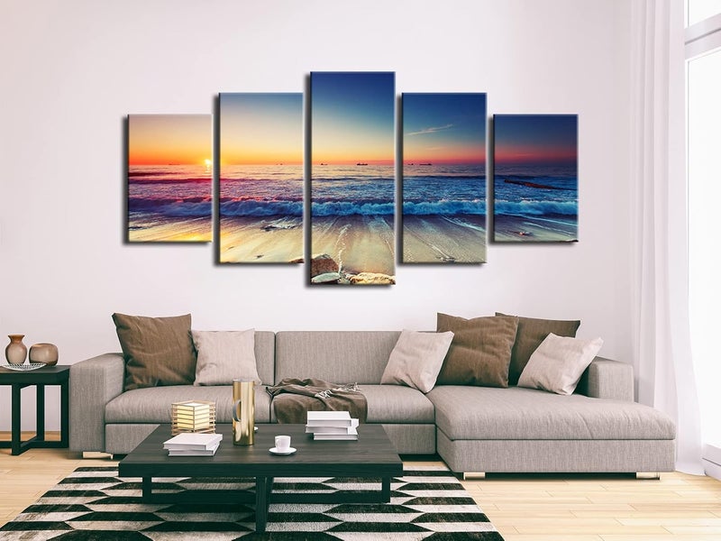 Pyradecor 5 Piece Extra Large Modern Seascape Artwork Gallery Wrapped Ocean Sea Beach Pictures Canvas Prints Waves Paintings on Canvas Wall Art for Living Room Bedroom Home Decorations XL - Image 3