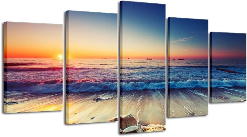 Pyradecor 5 Piece Extra Large Modern Seascape Artwork Gallery Wrapped Ocean Sea Beach Pictures Canvas Prints Waves Paintings on Canvas Wall Art for Living Room Bedroom Home Decorations XL - Image 1