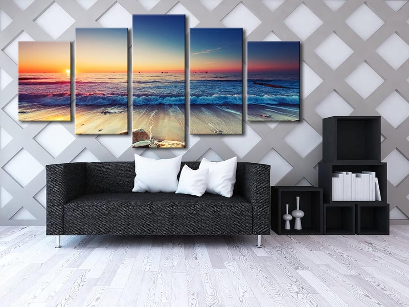 Pyradecor 5 Piece Extra Large Modern Seascape Artwork Gallery Wrapped Ocean Sea Beach Pictures Canvas Prints Waves Paintings on Canvas Wall Art for Living Room Bedroom Home Decorations XL - Image 4