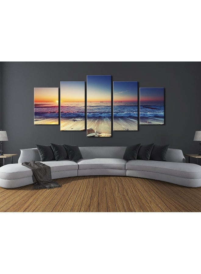 Pyradecor 5 Piece Extra Large Modern Seascape Artwork Gallery Wrapped Ocean Sea Beach Pictures Canvas Prints Waves Paintings on Canvas Wall Art for Living Room Bedroom Home Decorations XL - Image 2