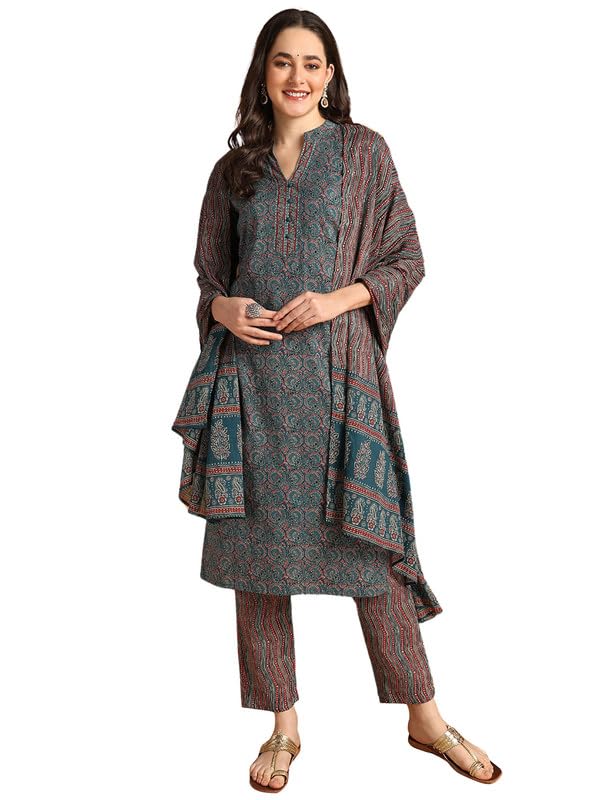 Vaamsi Women's Rayon Blend Kalamkari Printed Straight Kurta Pant With Dupatta (VKSKD2127_Teal Blue_XXL) - Image 1