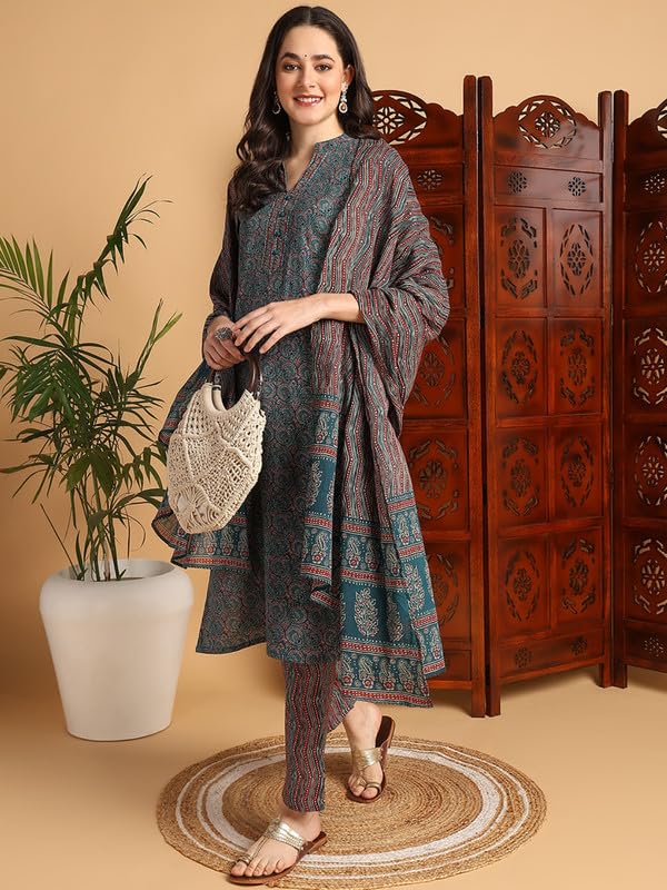 Vaamsi Women's Rayon Blend Kalamkari Printed Straight Kurta Pant With Dupatta (VKSKD2127_Teal Blue_XXL) - Image 4