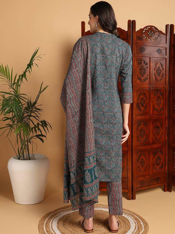 Vaamsi Women's Rayon Blend Kalamkari Printed Straight Kurta Pant With Dupatta (VKSKD2127_Teal Blue_XXL) - Image 2