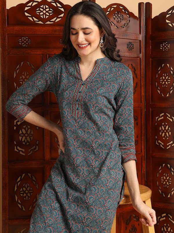 Vaamsi Women's Rayon Blend Kalamkari Printed Straight Kurta Pant With Dupatta (VKSKD2127_Teal Blue_XXL) - Image 3