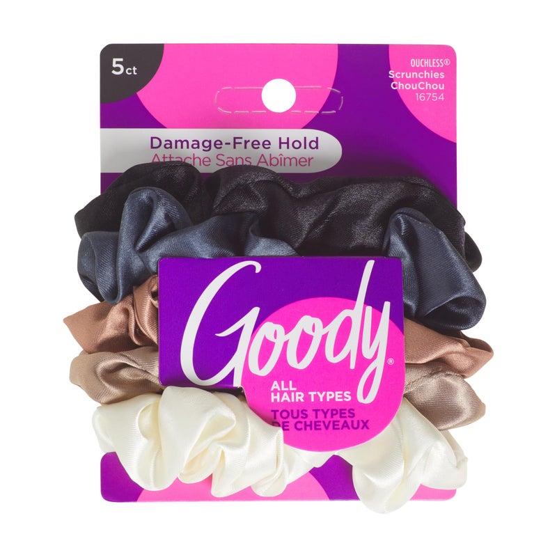 Goody Ouchless Satin Scrunchies - 5 Ct, Neutral Tones, Damage-Free Hold, Soft Overnight Hair Scrunchies to Sleep In, Gentle Hair Accessories for Women & Men, All Day Comfort, All Hair Types - Image 1
