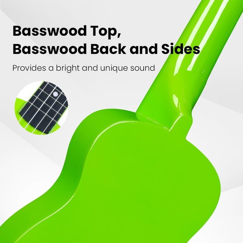 وينز مجموعة بدء تشغيل Winzz Soprano Ukulele للمبتدئين مع حقيبة، موالف قابل للتثبيت، أوتار إضافية، حزام، ريشة، ملصقات الحنق، بطاقة الأوتار، قطعة تلميع، أخضر فاتح - Image 5