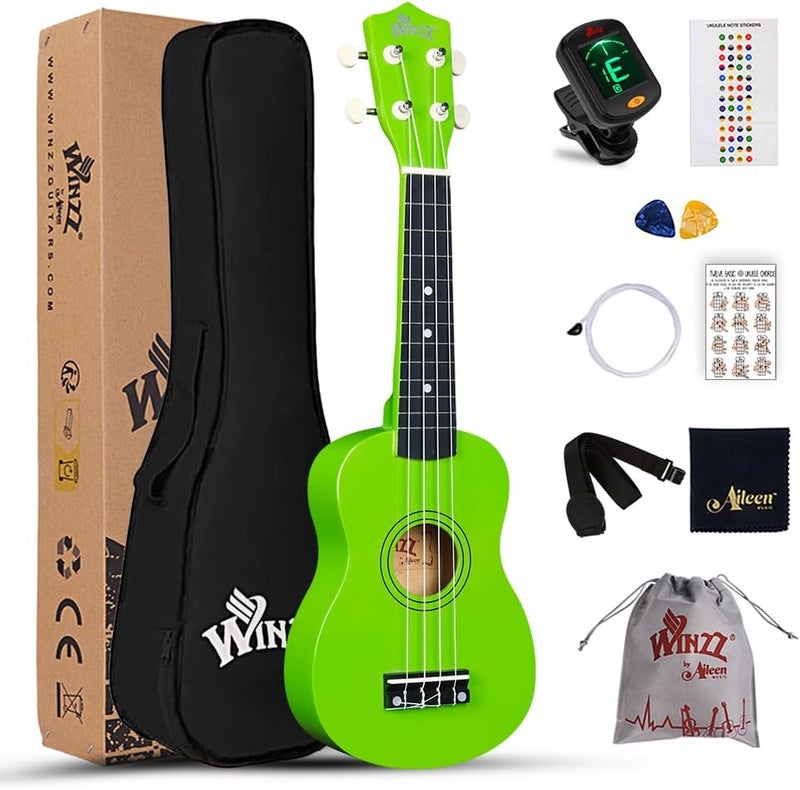وينز مجموعة بدء تشغيل Winzz Soprano Ukulele للمبتدئين مع حقيبة، موالف قابل للتثبيت، أوتار إضافية، حزام، ريشة، ملصقات الحنق، بطاقة الأوتار، قطعة تلميع، أخضر فاتح - Image 1