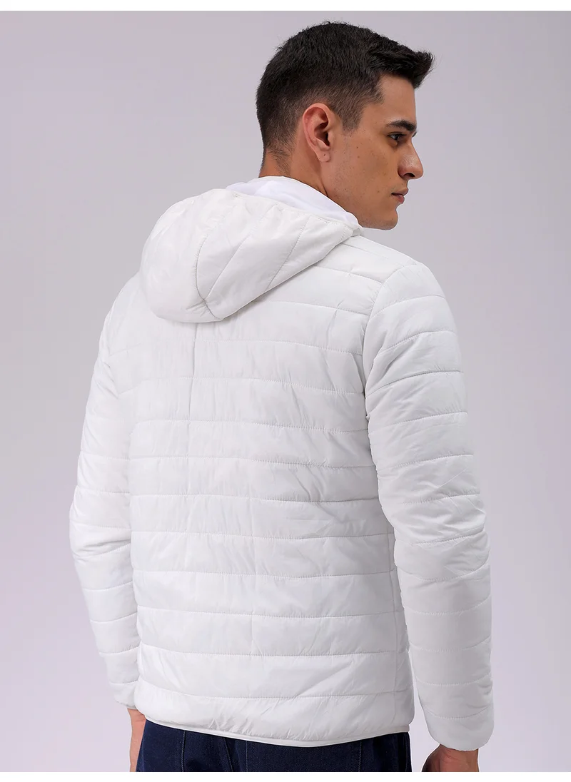 The Indian Garage Co Mens White Slim Fit Quilted Hooded Zipper Placket Without Pocket Winter Jacket