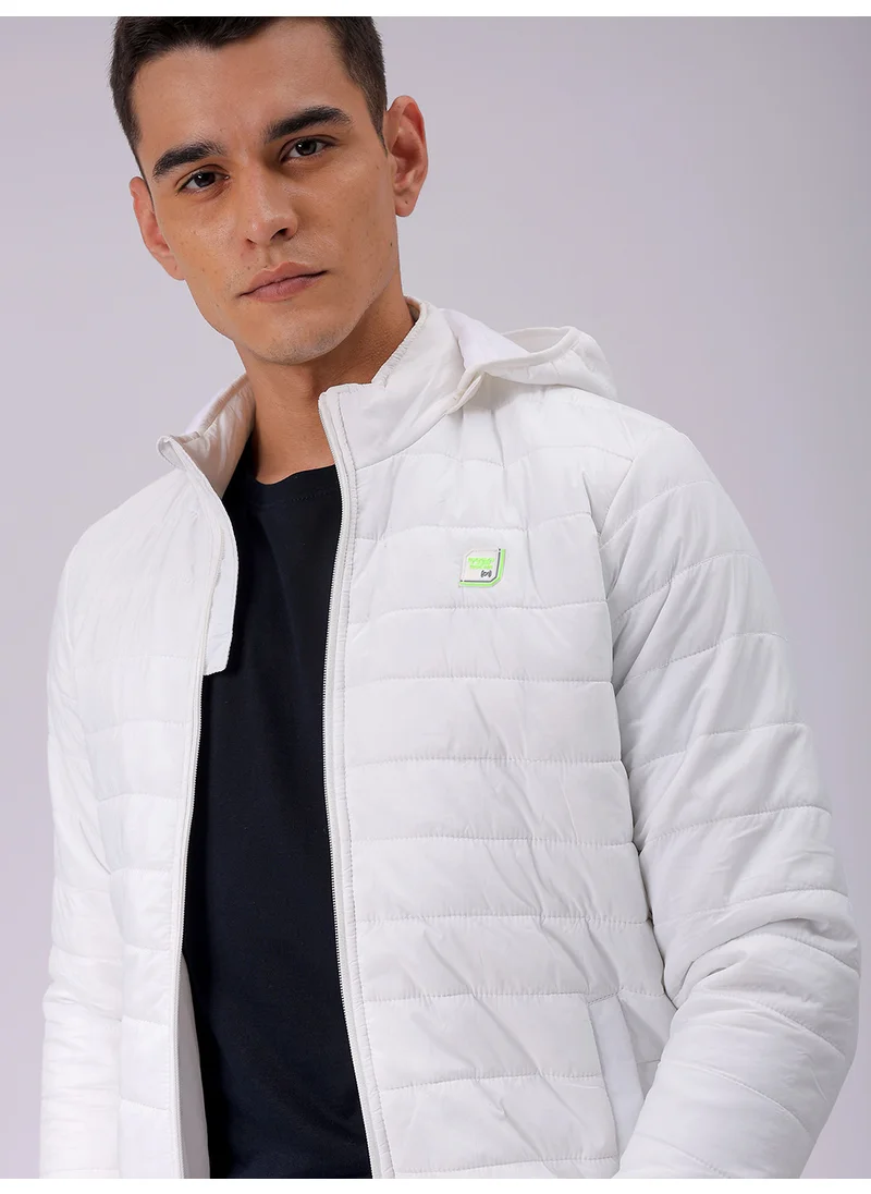 The Indian Garage Co Mens White Slim Fit Quilted Hooded Zipper Placket Without Pocket Winter Jacket