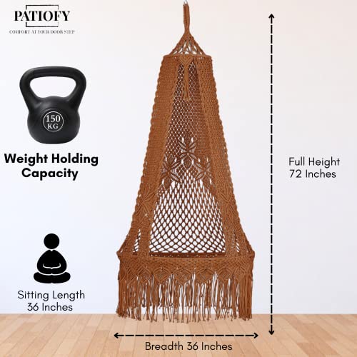 Patiofy Macrame Swing Chair for Adults/Luxury Bohemian Swing for Living Room/Swing for Balcony/Jhula for Adults/with Red Large Sitting Cushion/Ceiling Hanging Swing Chair (Brown) Polyester - Image 5
