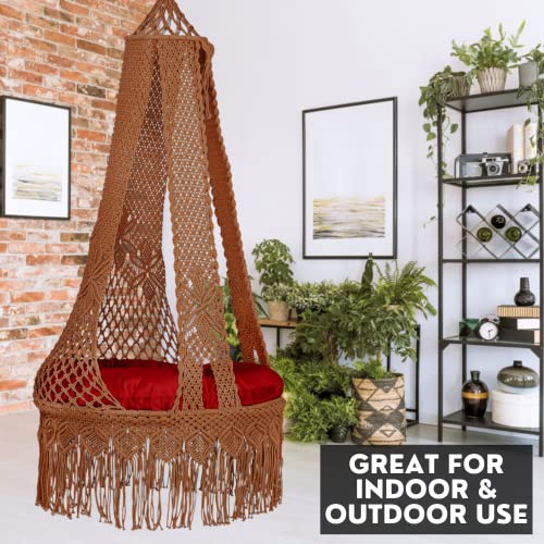 Patiofy Macrame Swing Chair for Adults/Luxury Bohemian Swing for Living Room/Swing for Balcony/Jhula for Adults/with Red Large Sitting Cushion/Ceiling Hanging Swing Chair (Brown) Polyester - Image 2