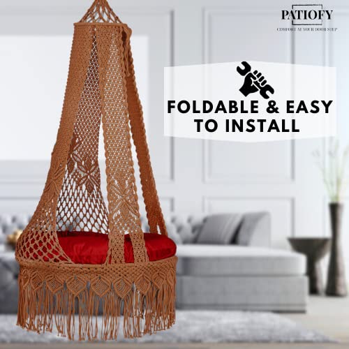Patiofy Macrame Swing Chair for Adults/Luxury Bohemian Swing for Living Room/Swing for Balcony/Jhula for Adults/with Red Large Sitting Cushion/Ceiling Hanging Swing Chair (Brown) Polyester - Image 3