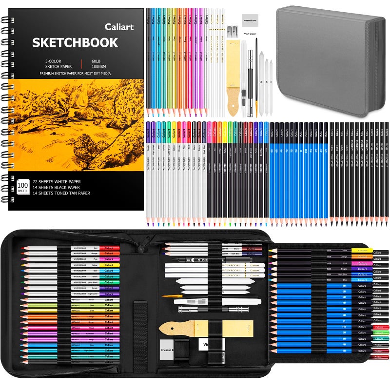 Caliart 176PCS Art Supplies Sketching Kit with 100 Sheets 3-Color Sketch Book, Graphite Colored Charcoal Watercolor & Metallic Pencils, Drawing Supplies Christmas Gifts for Artists Adults Beginners - Image 1