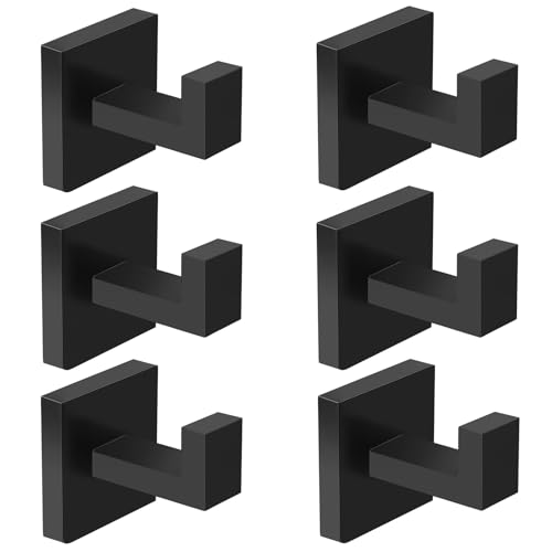 IBosins 6-Pack Bathroom Towel Hooks Hand Towel Holder Heavy Duty Stainless Steel Towel Hanger Robe Hat Coat Hooks for Wall of Livingroom Bedroom Kitchen Closet (Square Matte Black) - Image 1