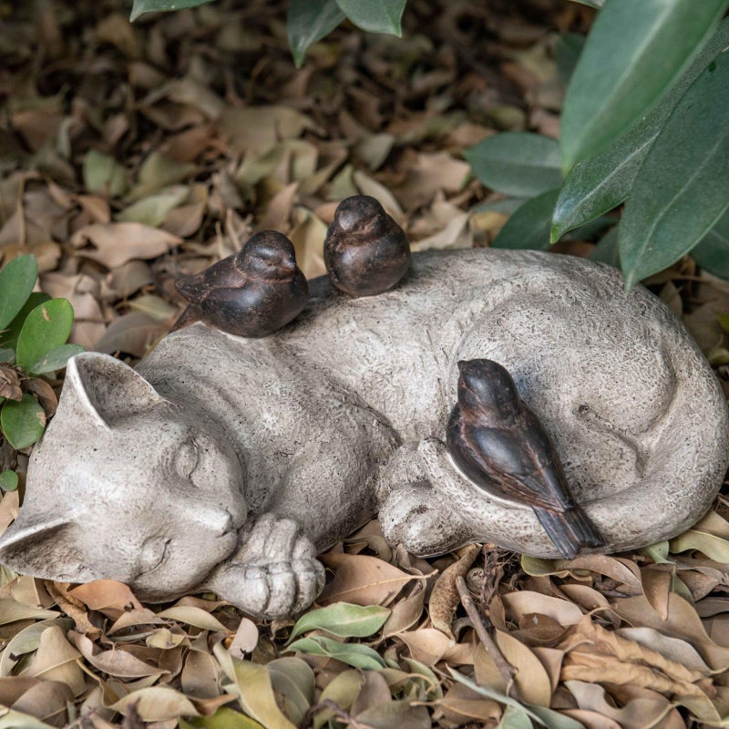 LC LCdecohome Sleeping Cat Garden Statues Outdoor - 12" Sparrows On Cat Figurine Memorial Statue Grave Markers Garden Resin Statues for Outdoor Decor Outdoor Statue Resin 12" x 8" x 4.5" - Image 2