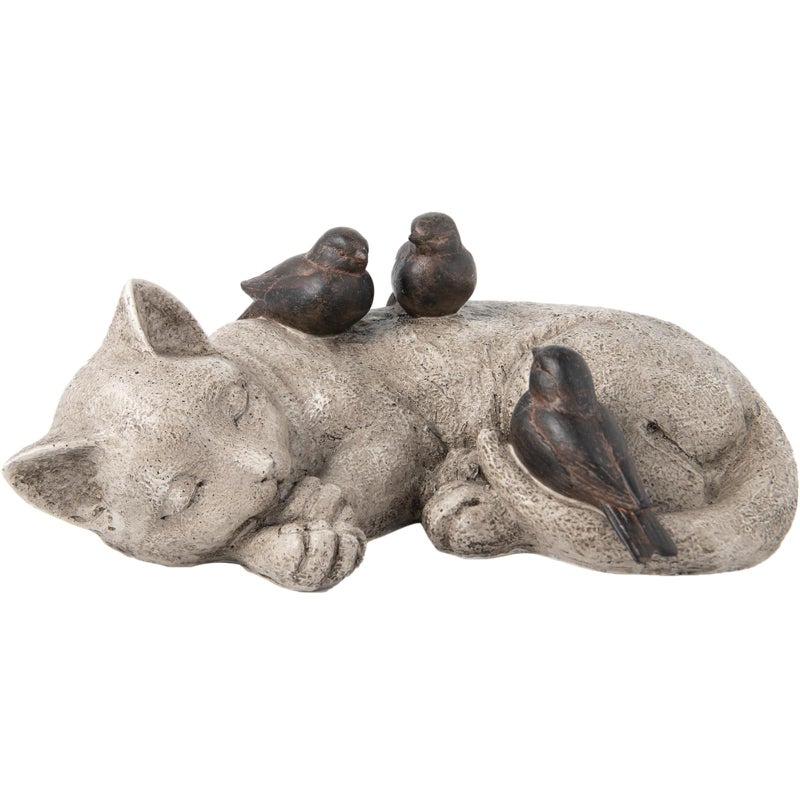 LC LCdecohome Sleeping Cat Garden Statues Outdoor - 12" Sparrows On Cat Figurine Memorial Statue Grave Markers Garden Resin Statues for Outdoor Decor Outdoor Statue Resin 12" x 8" x 4.5" - Image 5