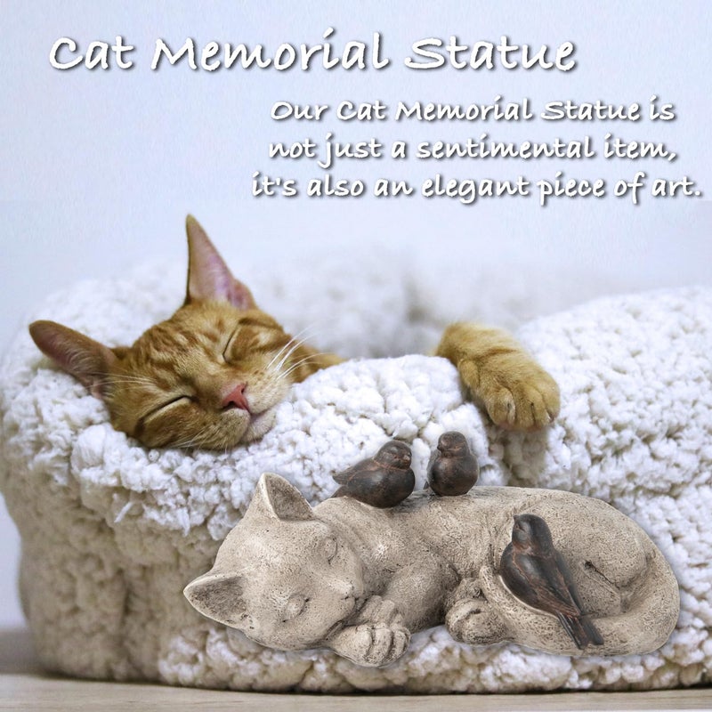 LC LCdecohome Sleeping Cat Garden Statues Outdoor - 12" Sparrows On Cat Figurine Memorial Statue Grave Markers Garden Resin Statues for Outdoor Decor Outdoor Statue Resin 12" x 8" x 4.5" - Image 4