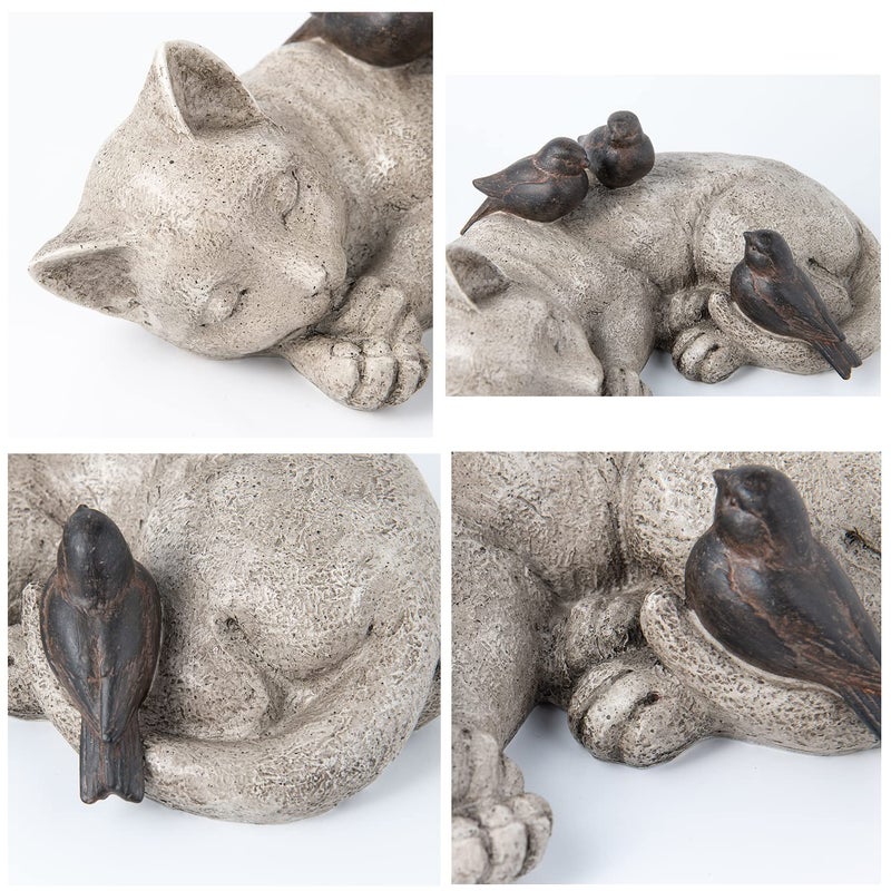 LC LCdecohome Sleeping Cat Garden Statues Outdoor - 12" Sparrows On Cat Figurine Memorial Statue Grave Markers Garden Resin Statues for Outdoor Decor Outdoor Statue Resin 12" x 8" x 4.5" - Image 3