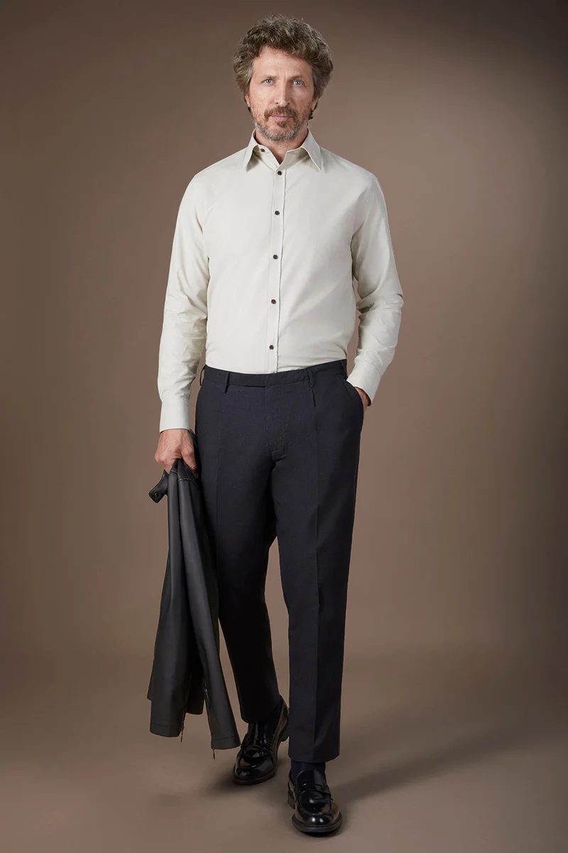 Doppelganger Beige Men's casual shirt in 100% cotton 1000 Stripe velvet fabric plain colour - Cream for Men | Best Price UAE