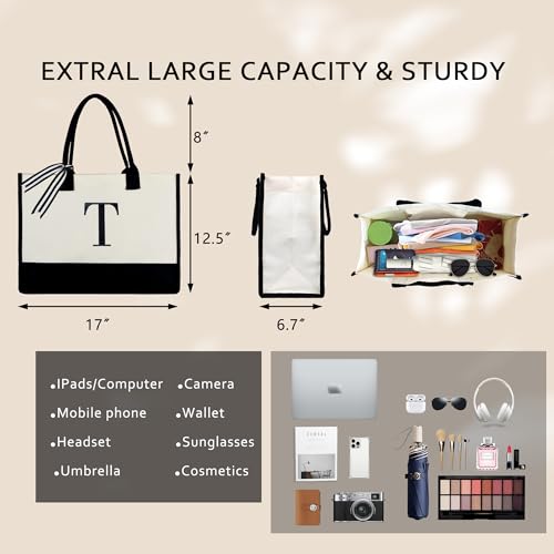 BeeGreen حقيبة توت قماش مونوغرام BeeGreen للنساء هدايا تطريز سلال للنساء المعلمات الأمهات الأصدقاء الزملاء الأخوات هدايا شخصية لحقيبة عيد الميلاد الشاطئ العمل الزفاف حقائب بتصميم أولي لطيف (الحرف L) - Image 2