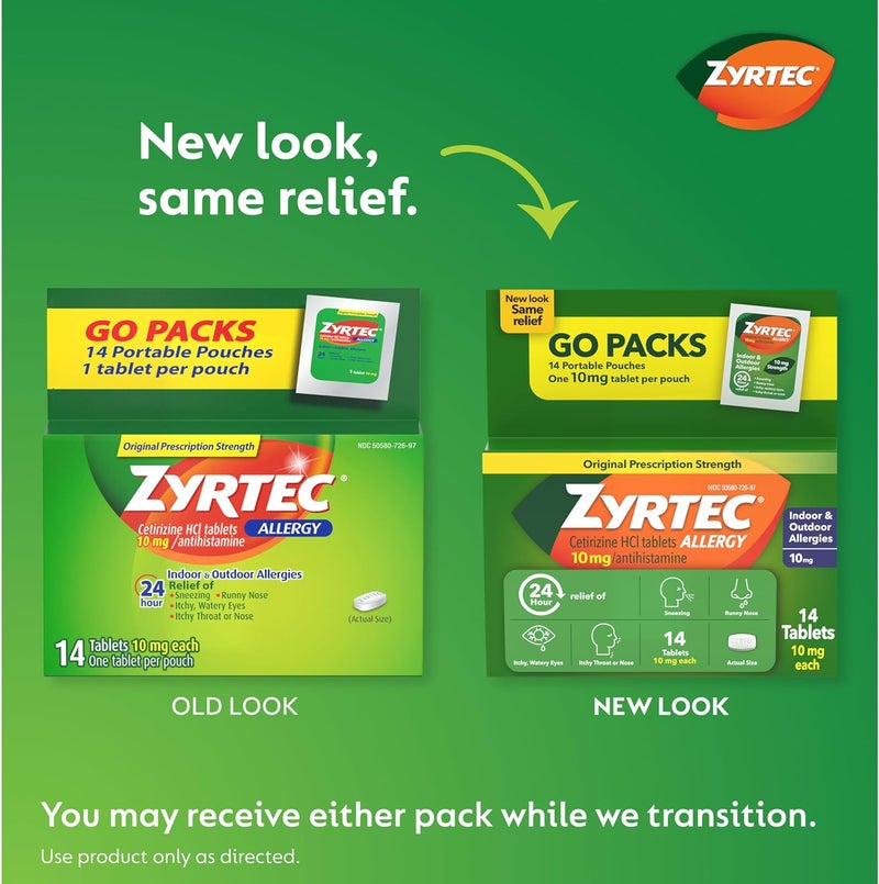 ZYRTEC أقراص زيرتيك 24 ساعة لتخفيف الحساسية مضاد الهيستامين داخلي خارجي دواء مضاد للحساسية سيتيريزين هيدروكلوريد تخفيف من سيلان الأنف والعطس وحكة العينين عبوات فردية 14 × 1 حزمة - Image 2
