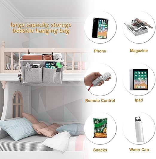 MANIBAM IMPEX Bedside Storage bag Organizer Hanging with Metal Hooks for College Dorm Room Hospital Bed Rails Baby Bed Camp Can be Placed GlassesBooks Charger Remote Mobile Phones Bag Pack of 1 - Image 4