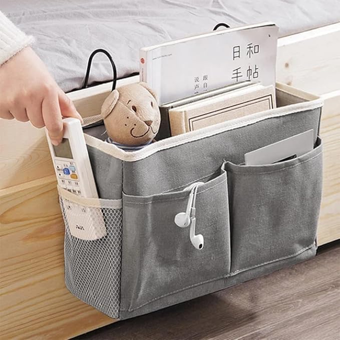 MANIBAM IMPEX Bedside Storage bag Organizer Hanging with Metal Hooks for College Dorm Room Hospital Bed Rails Baby Bed Camp Can be Placed GlassesBooks Charger Remote Mobile Phones Bag Pack of 1 - Image 1