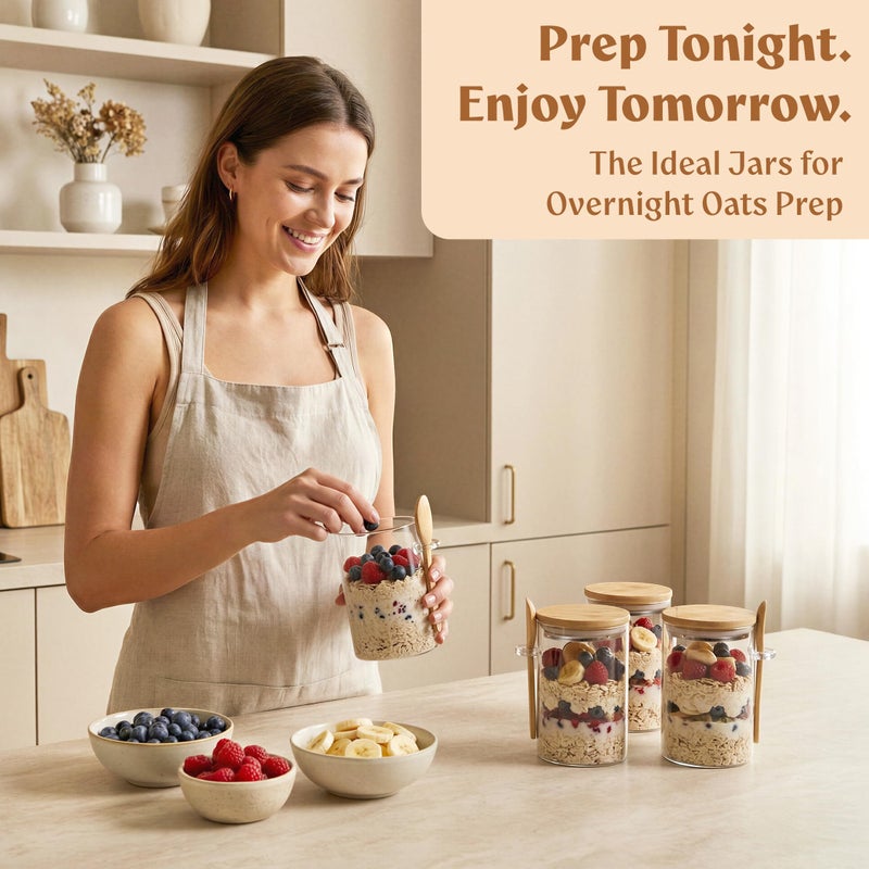 EDELHAUS Overnight Oats Containers with Lids, Labels & Spoons (4 x 16oz) Glass Jars for Oatmeal, Meal Prep, Food Storage | Leak-Proof Mason Jars for Oats, Cereal, Yogurt, Chia Pudding [Thicker Glass 3mm] - Image 5